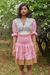 Shop_Khajoor Studio_Pink 100% Cotton Print Lace V-neck Barbie Meadow Smocked Top With Skirt _Online_at_Aza_Fashions