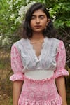 Khajoor Studio_Pink 100% Cotton Print Lace V-neck Barbie Meadow Smocked Top With Skirt _at_Aza_Fashions