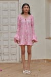 Buy_Khajoor Studio_Pink 100% Cotton Print Meadow Scoop Tie Up Mini Dress _at_Aza_Fashions