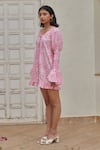 Buy_Khajoor Studio_Pink 100% Cotton Print Meadow Scoop Tie Up Mini Dress _Online_at_Aza_Fashions