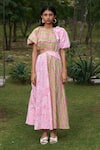 Buy_Khajoor Studio_Pink 100% Cotton Print Stripe Round Meadow Carnival Side Cutout Dress _at_Aza_Fashions