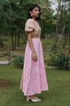 Buy_Khajoor Studio_Pink 100% Cotton Print Stripe Round Meadow Carnival Side Cutout Dress _Online_at_Aza_Fashions