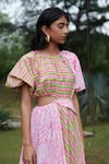 Shop_Khajoor Studio_Pink 100% Cotton Print Stripe Round Meadow Carnival Side Cutout Dress _Online_at_Aza_Fashions