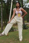 Khajoor Studio_Multi Color 100% Cotton Print Patchwork Farmland Corset With Crochet Pant _at_Aza_Fashions