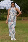 Buy_Khajoor Studio_Blue Vegan Silk Print Khajoor Panther Halter Neck Le Fete Dress _at_Aza_Fashions