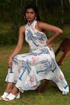 Khajoor Studio_Blue Vegan Silk Print Khajoor Panther Halter Neck Le Fete Dress _Online_at_Aza_Fashions