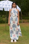 Shop_Khajoor Studio_Blue Vegan Silk Print Khajoor Panther Halter Neck Le Fete Dress _Online_at_Aza_Fashions