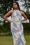 Buy_Khajoor Studio_Blue Vegan Silk Print Khajoor Panther Halter Neck Le Fete Dress 