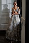 Vvani by Vani Vats_Silver Lehenga And Dupatta Net Embroidery Sequin Scallop V Neck Set _at_Aza_Fashions