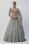 Vvani by Vani Vats_Silver Lehenga And Dupatta Organza Embroidery Sequin Leaf Scattered Bridal Set _Online_at_Aza_Fashions