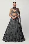 Buy_Vvani by Vani Vats_Black Lehenga Organza Embroidery Sequin Scallop V Neck Linear Set _at_Aza_Fashions