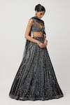 Vvani by Vani Vats_Black Lehenga Organza Embroidery Sequin Scallop V Neck Linear Set _Online_at_Aza_Fashions