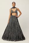 Shop_Vvani by Vani Vats_Black Lehenga Organza Embroidery Sequin Scallop V Neck Linear Set _Online_at_Aza_Fashions