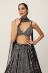 Vvani by Vani Vats_Black Lehenga Organza Embroidery Sequin Scallop V Neck Linear Set _at_Aza_Fashions