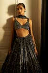 Buy_Vvani by Vani Vats_Black Lehenga Organza Embroidery Sequin Scallop V Neck Linear Set 