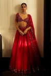 Buy_Vvani by Vani Vats_Red Lehenga And Dupatta Net Embroidery Sequin Scallop V Neck Panelled Set _at_Aza_Fashions