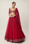 Vvani by Vani Vats_Red Lehenga And Dupatta Net Embroidery Sequin Scallop V Neck Panelled Set _Online_at_Aza_Fashions