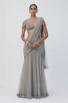 Vvani by Vani Vats_Grey Saree Net Embroidery Sequin Scattered Work Pre-draped With Blouse _Online_at_Aza_Fashions