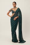 Buy_Vvani by Vani Vats_Green Georgette Embroidery Sequin Scallop V Neck Linear Saree With Blouse _at_Aza_Fashions