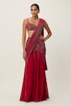 Vvani by Vani Vats_Red Georgette Embroidery Sequin Crystal Embellished Pre-draped Saree With Blouse _Online_at_Aza_Fashions