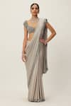 Buy_Vvani by Vani Vats_Silver Saree Satin Embroidery Sequin Sweetheart Neck Border With Blouse _at_Aza_Fashions