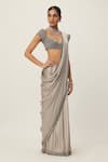 Buy_Vvani by Vani Vats_Silver Saree Satin Embroidery Sequin Sweetheart Neck Border With Blouse _Online_at_Aza_Fashions