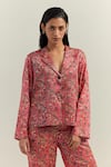 Buy_SHIKHA MALIK_Peach Satin Blend Print Floral Vine Lapel Collar Block Blazer _at_Aza_Fashions