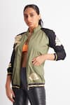 Richaa Goenka_Green Cotton Embroidery Sequin Mandarin Collar Rose Applique Bomber Jacket _Online_at_Aza_Fashions