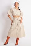 Buy_Richaa Goenka_Beige Cotton Plain Collar Cropped Shirt And Skirt Set _at_Aza_Fashions