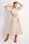 Richaa Goenka_Beige Cotton Plain Collar Cropped Shirt And Skirt Set _Online_at_Aza_Fashions