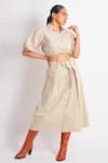 Richaa Goenka_Beige Cotton Plain Collar Cropped Shirt And Skirt Set _at_Aza_Fashions