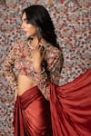 Payal & Zinal_Maroon Mushru Satin Print Solid Pre-draped Saree With Embroidered Blouse _Online_at_Aza_Fashions