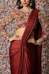 Buy_Payal & Zinal_Maroon Mushru Satin Print Solid Pre-draped Saree With Embroidered Blouse _Online_at_Aza_Fashions