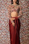 Payal & Zinal_Maroon Mushru Satin Print Solid Pre-draped Saree With Embroidered Blouse _at_Aza_Fashions