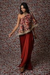 Shop_Payal & Zinal_Maroon Freezy Twill Print Bloom Beads One And Embroidered Top With Draped Skirt _at_Aza_Fashions