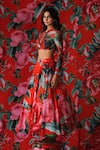Payal & Zinal_Red Net, Georgette Metallic Thread, Buckles Blossom Print Lehenga With Blouse _Online