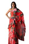 Payal & Zinal_Red Georgette Print Florence Square Neck Pre-draped Ruffle Saree With Blouse _Online_at_Aza_Fashions