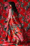 Shop_Payal & Zinal_Red Glaze Print Rosa Sweetheart Neck Cape And Draped Skirt Set _at_Aza_Fashions