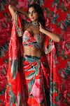 Payal & Zinal_Red Glaze Print Rosa Sweetheart Neck Cape And Draped Skirt Set _at_Aza_Fashions