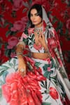 Buy_Payal & Zinal_White Georgette, Net Sequins, Beads V-neck Gardenia Print Lehenga Set 