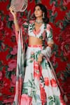 Payal & Zinal_White Georgette, Net Sequins, Beads V-neck Gardenia Print Lehenga Set _Online