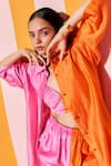 Shop_ANANYA AGRAWAL LABEL_Orange Pure Chanderi Silk Colorblocked Spread Shirt And Wide Legged Trouser Set _Online_at_Aza_Fashions