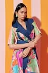 Shop_ANANYA AGRAWAL LABEL_Green Pure Chanderi Silk Print Paradise Camp Collar Blazer Dress _Online_at_Aza_Fashions