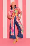 Buy_ANANYA AGRAWAL LABEL_Peach Pure Chanderi Silk Print Parade Collar Neck Fantasy Shirt With Trouser _at_Aza_Fashions