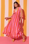 Buy_ANANYA AGRAWAL LABEL_Peach Pure Cupro Crepe Print Candy Striped V Neck Dress _at_Aza_Fashions