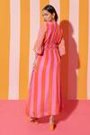 Shop_ANANYA AGRAWAL LABEL_Peach Pure Cupro Crepe Print Candy Striped V Neck Dress _at_Aza_Fashions