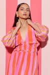 Buy_ANANYA AGRAWAL LABEL_Peach Pure Cupro Crepe Print Candy Striped V Neck Dress _Online_at_Aza_Fashions