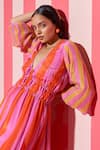 Shop_ANANYA AGRAWAL LABEL_Peach Pure Cupro Crepe Print Candy Striped V Neck Dress _Online_at_Aza_Fashions