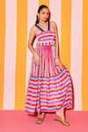 Buy_ANANYA AGRAWAL LABEL_Multi Color Pure Cupro Crepe Print Carnival Striped V Neck Maxi Dress _at_Aza_Fashions