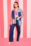 Buy_ANANYA AGRAWAL LABEL_Multi Color Pure Chanderi Silk Print Bar And Denim Panel Shacket With Trouser _at_Aza_Fashions